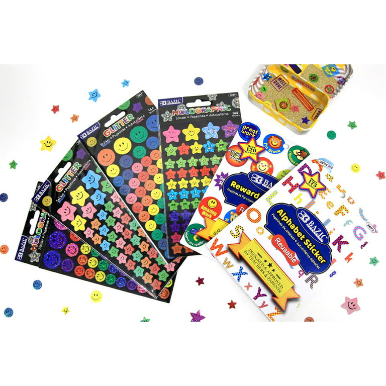 BAZIC Holographic Reward Sticker 144 Counts, Smile Face Stars Stickers for  Kids 