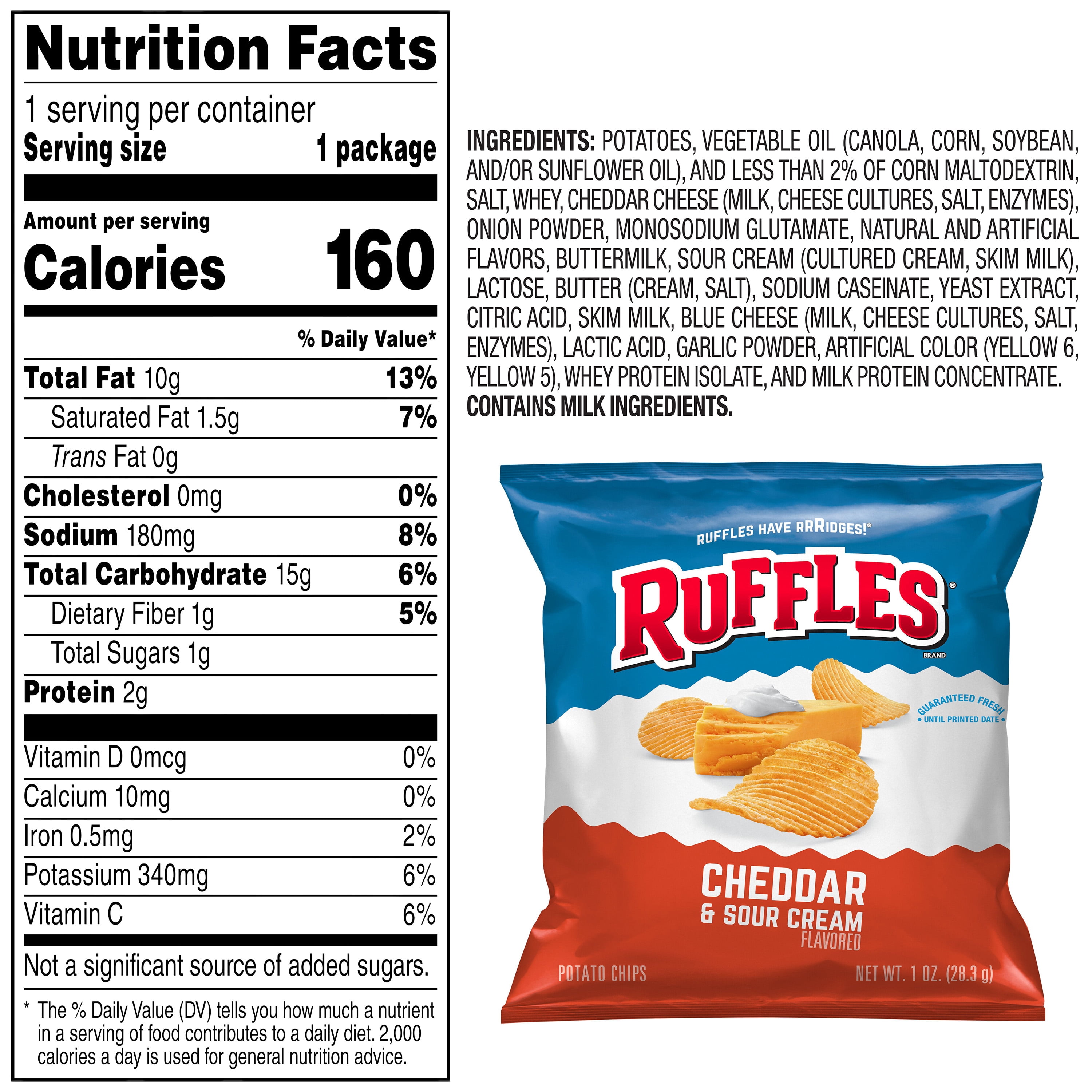 Ruffles Potato Chips, Cheddar & Sour Cream, 1 oz Bags, 40 Count
