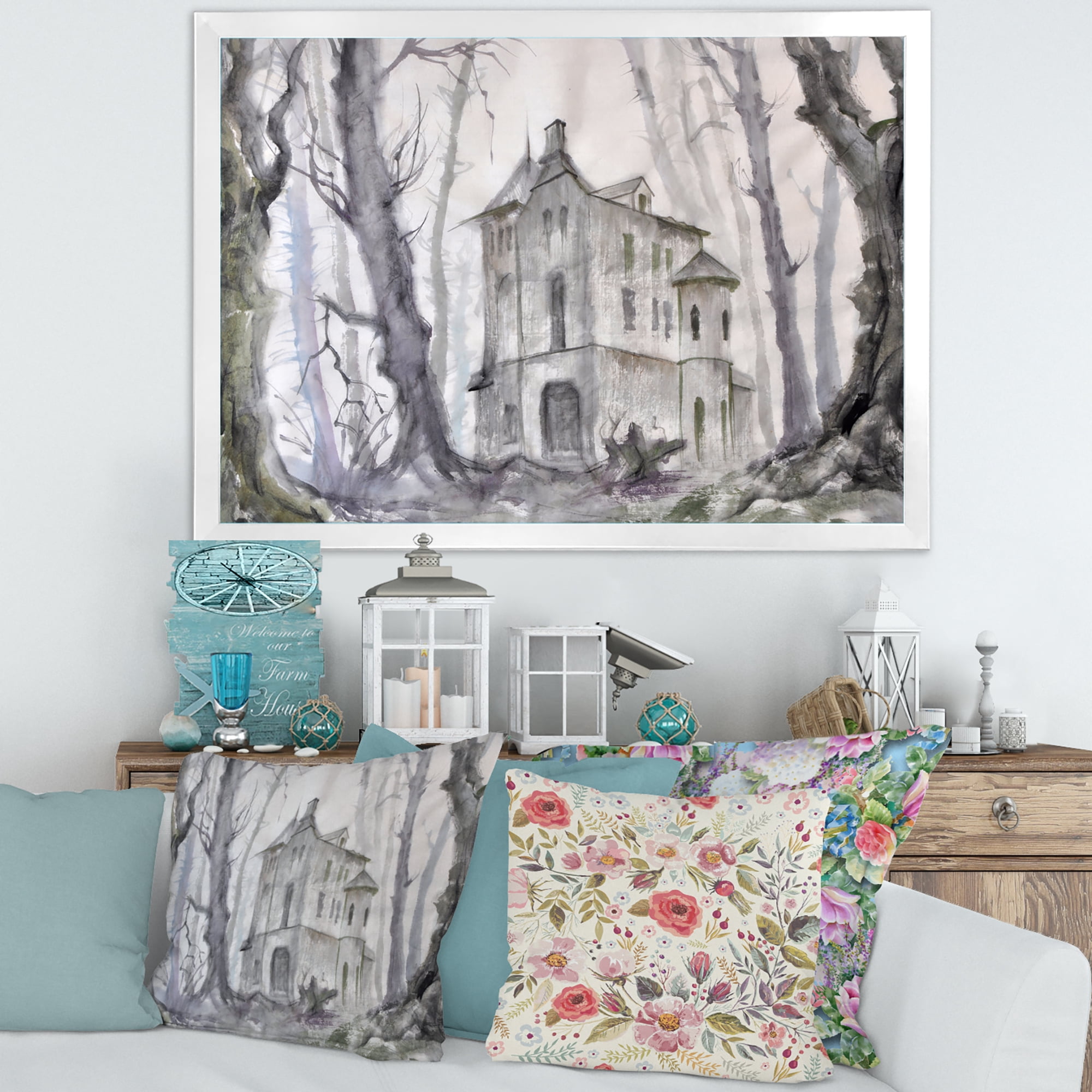 Designart 'Old Haunted Castle In The Woods' Traditional Framed Art Print