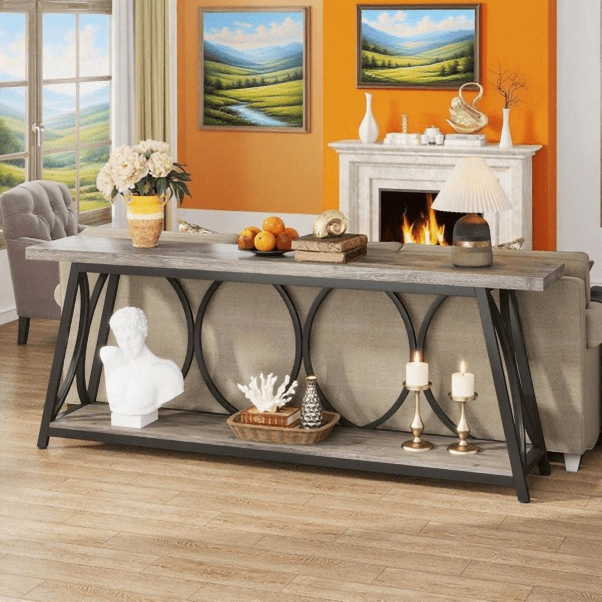 70.9" Vintage Rustic Console Table - Wood & Black Metal, 1.57" Particle Board with Bottom Shelf, 230lb Capacity for Living Room, Entryway, Behind Couch, Hallway