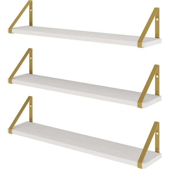 Wallniture Ponza White Floating Shelves for Wall, 24" Shelves for Living Room Decor, Bedroom, Bathroom, Home Office Shelves with Gold Color Brackets