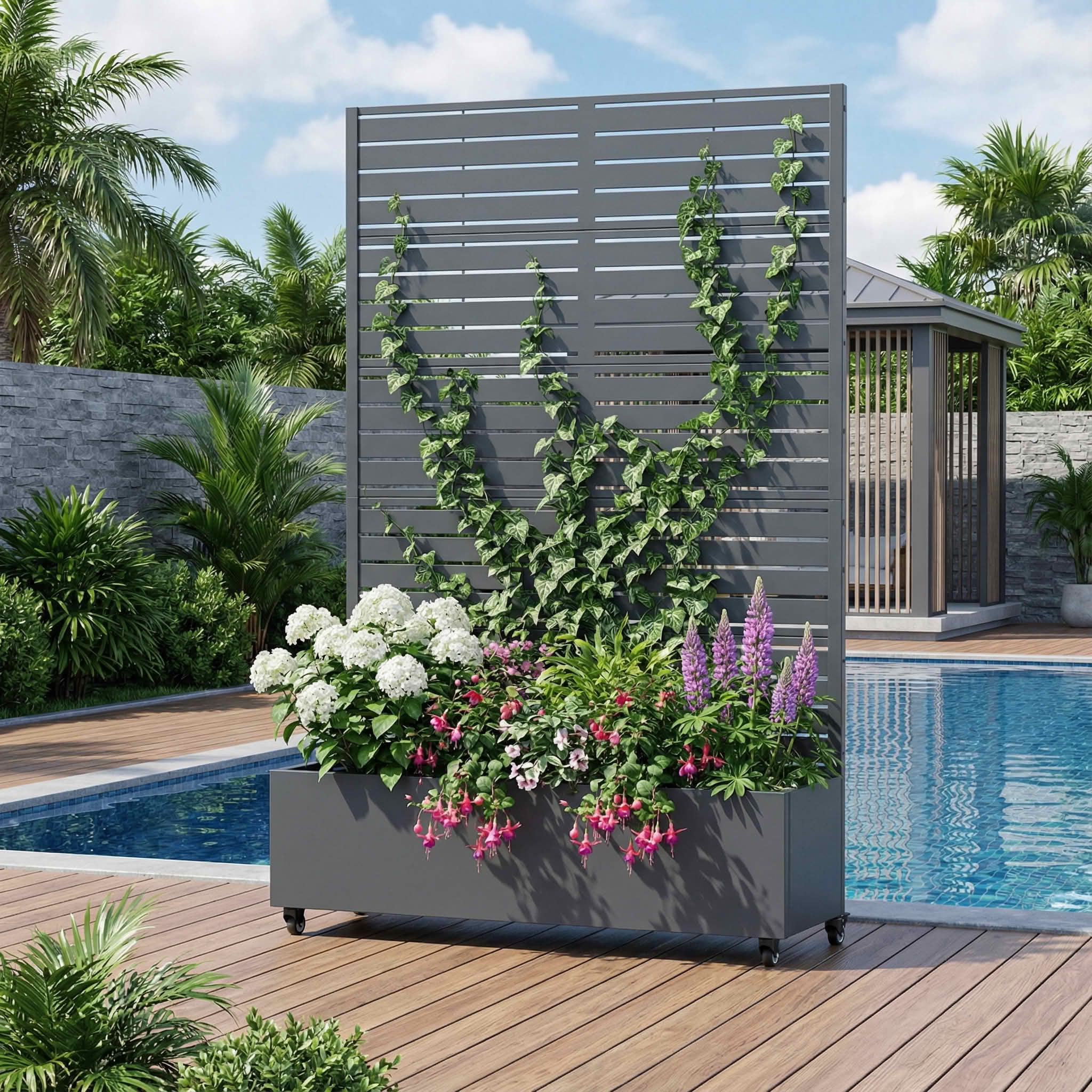 MAYEERTY 72x47 Gray Rectangular Iron Planter Box with Trellis, 5 Piece Set Decorative Garden Screen for Patio and Balcony