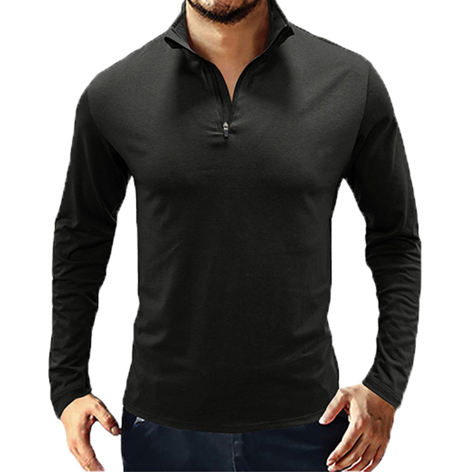 Long Sleeve T Shirts For Men Men s Long Sleeve Stand Collar Zipper Pullover T Shirt Solid Bottoming Shirt Top Je S Walmart