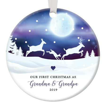 First Christmas as Grandma & Grandpa 2019, Deer Family New Grandparents Ornament, Porcelain Ornament, 3