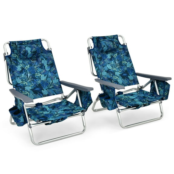 Patiojoy 2 Pack of Folding Beach Chair Portable Backpacking Chair with Cup Holder Headrest Storage Bag for Outdoor Dark Blue