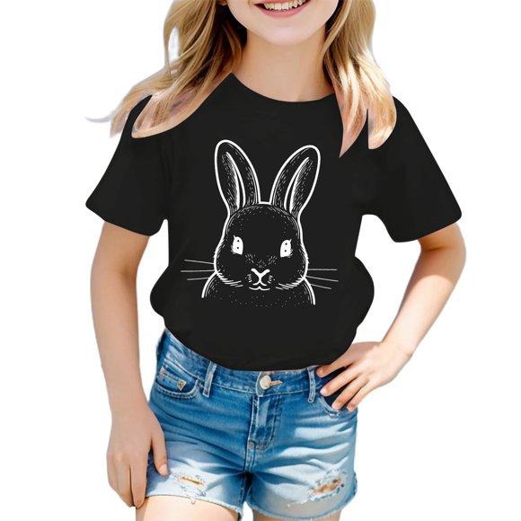 MIASHUI Easter Bunny Graphic Tee for Toddler Girls Cute Rabbit Design Happy Holiday Kids Shirt Soft Top Black,5-6 Years