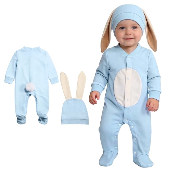 Baby Girls Easter Outfits Long Sleeve Bunny Jumpsuit and Hats 2 Peice Outfit Set Dress up Party Outfit Boy Clothes 0-3 Months