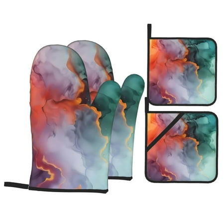 

Oven Mitts and Pot Holders 4 pcs Set Colorful Abstract Waves Heat Resistant Silicone Oven Mitts Pot Holders for Kitchen Baking Cooking Non-Slip Oven Gloves Hot Pads Potholders