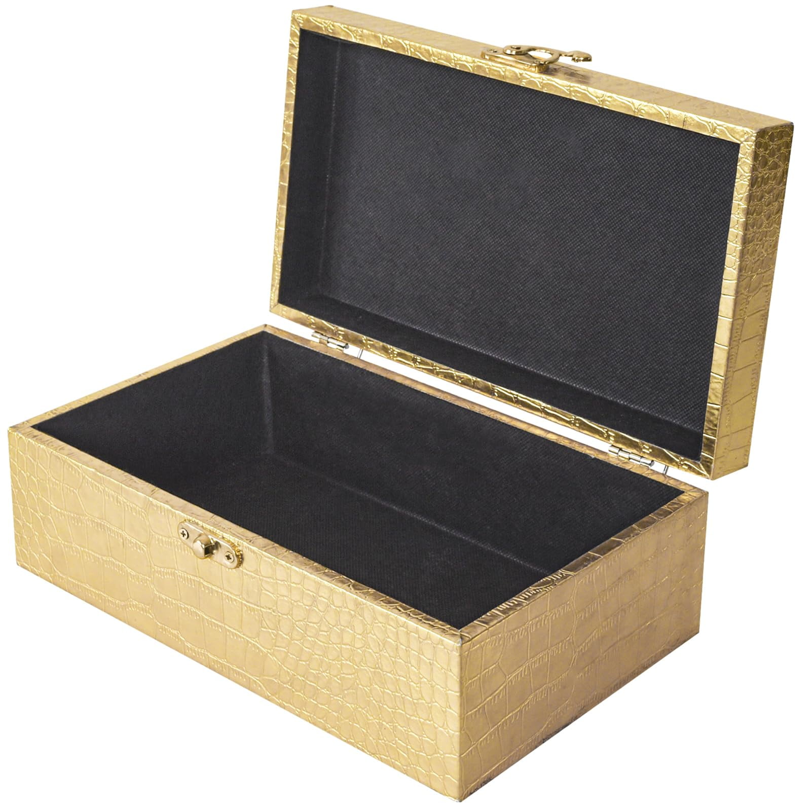 MODE HOME Set of 2 Gold Crocodile Leather and Wood Nesting Storage Boxes, Decorative Keepsake Chests with Clasps