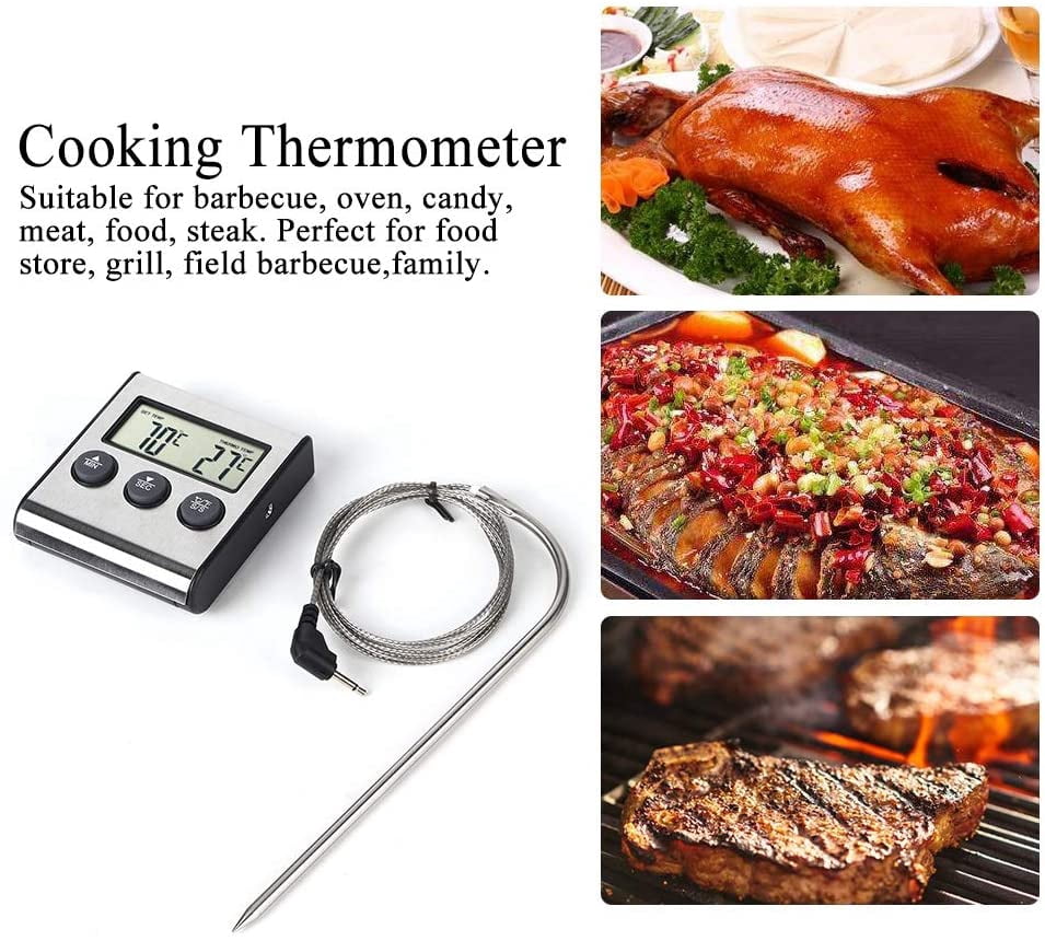 ABPETE Digital Meat Thermometer for Cooking and Grilling, Food Thermometer with LCD Display and Timer, Stainless Steel Temperature Probe, Cooking Thermometer for BBQ, Grill, Baking