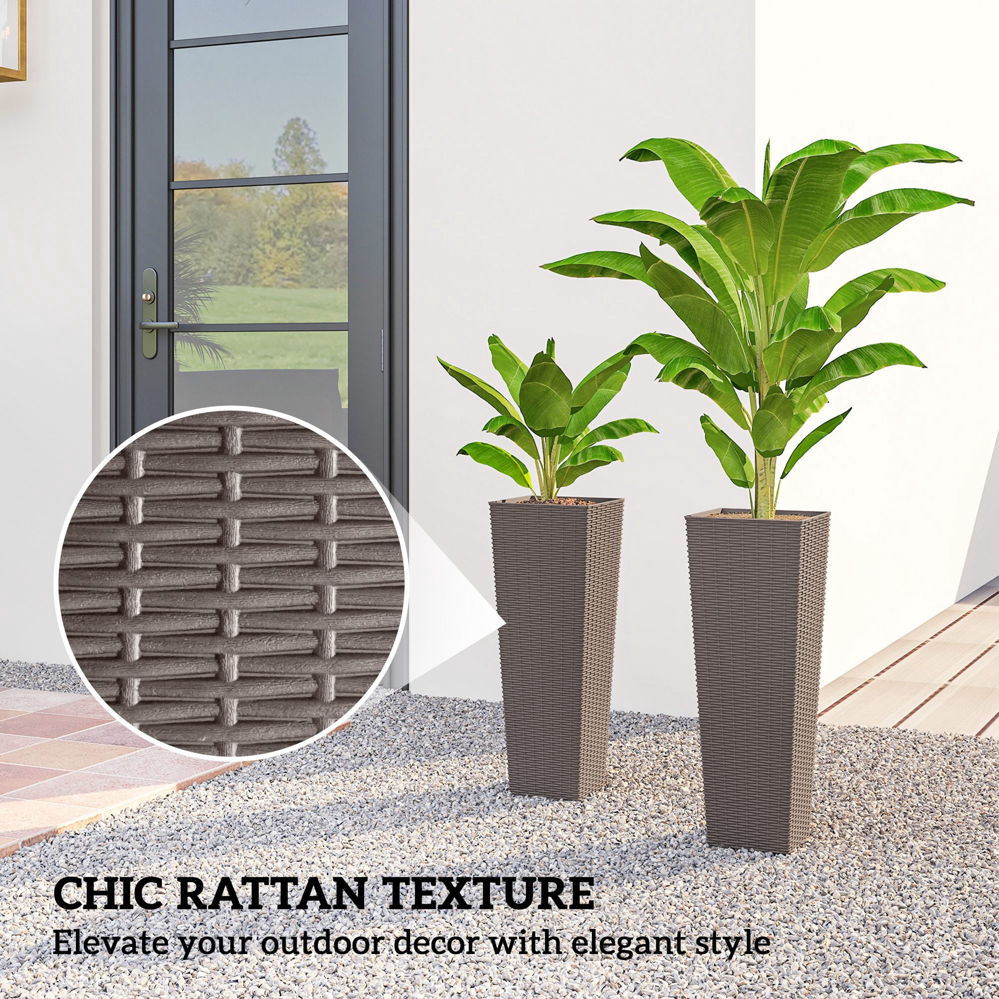 Outsunny 23.6 Inch Tall Planters for Outdoor Plants, Set of 2 Plastic Flower Pots with Drainage Holes, Brown