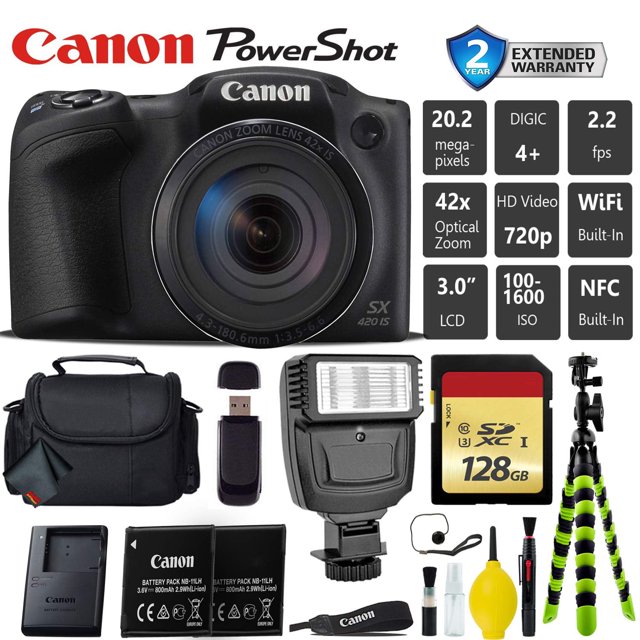 Cámara Digital Canon PowerShot SX420 IS Negra + Batería Extra + Flash Digital + Estuche Deluxe