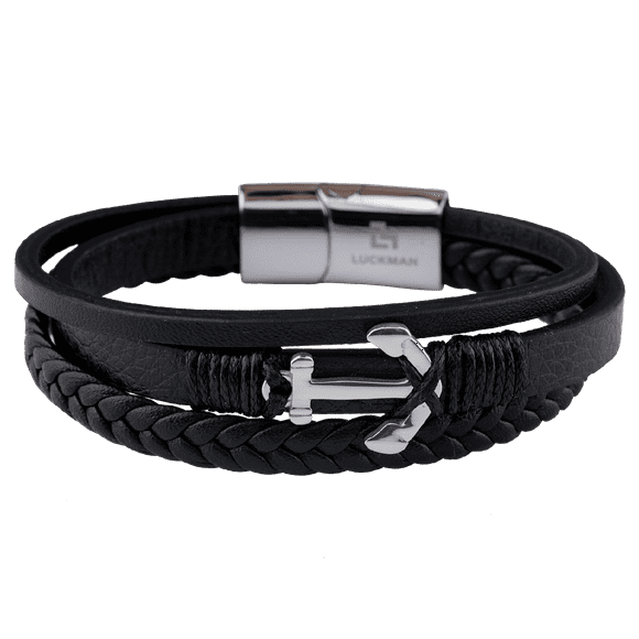 Pulsera Hombre de Ancla LUCKMAN, Piel Vegana y Acero Inoxidable, Modelo Liam negro UNITALLA