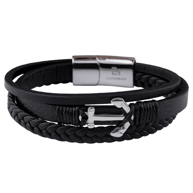 Pulsera Hombre de Ancla LUCKMAN, Piel Vegana y Acero Inoxidable, Modelo Liam negro UNITALLA