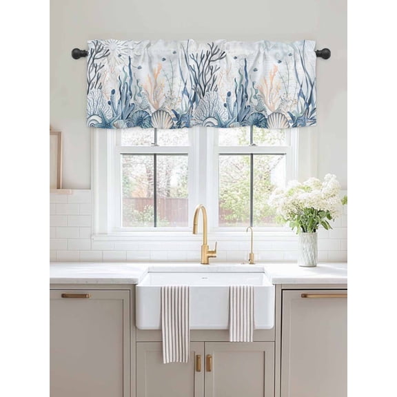 Kitchen Valances for Window, Ocean Shell Seaweed Coral Light Filtering Rod Pocket Valance Curtain, Blue Sea Nautical Coastal Theme Short Curtains Window Topper for Bedroom Living Room 54x18in
