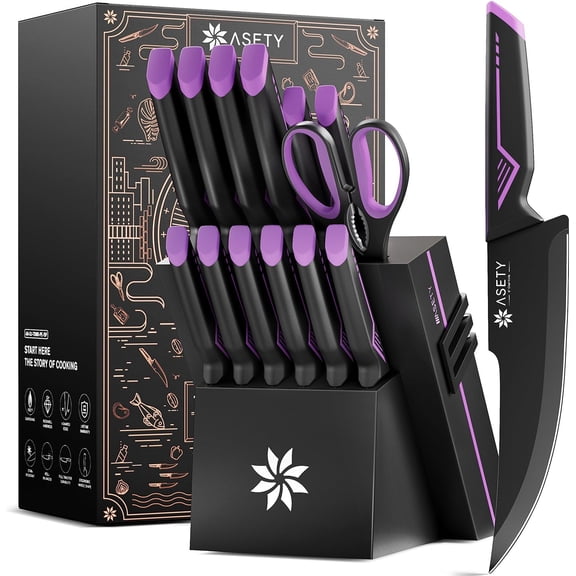 Knife Set, 15 PCS Kitchen Knife Set with Built-in Sharpener Block | Razor Sharp, Dishwasher Safe knives, Stainless Steel Knife Block Set, Ergonomic Non-Slip Handle, Elegant Box for Men Women