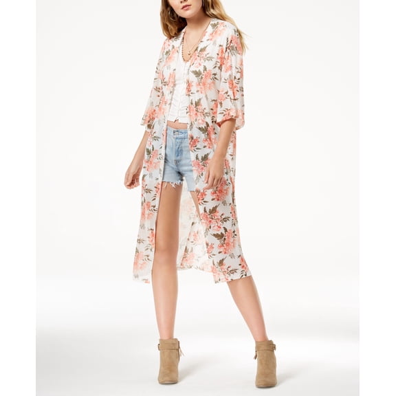 Ultra Flirt By Ikeddi Juniors Printed Mesh Duster Kimono Ivory Floral L