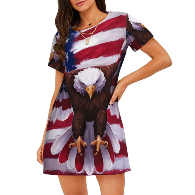 Fotbe USA Eagle with Spread Wings Bata de Dormir para Mujer con Estampado, Camisón de Algodón de Manga Corta, Ropa de Dormir Casual