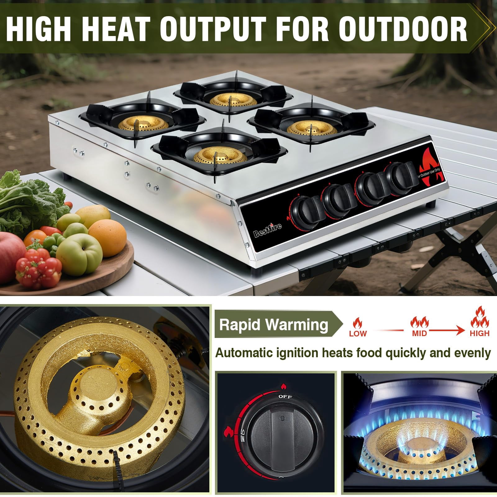 Frizi 4 Burner Propane Gas Stove 40,000 BTU Stainless Steel Cooktop with Enamel Pan Support, Electronic Ignition, Regulator & Hose Included, Portable Gas Stove for Camping, Outdoor Cooking, BBQ