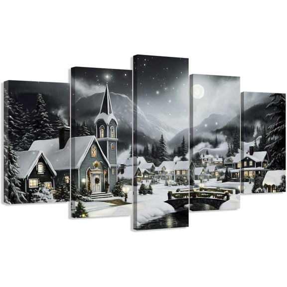 ZHONGYUTONG Christmas Wall Art 5 Pieces Large Christmas Church Pictures Wall Decor Xmas Living Room Home Decor Christian Canvas Painting Prints Framed (8x14inx2pcs 8x18inx2pcs 8x22inx1pcs)