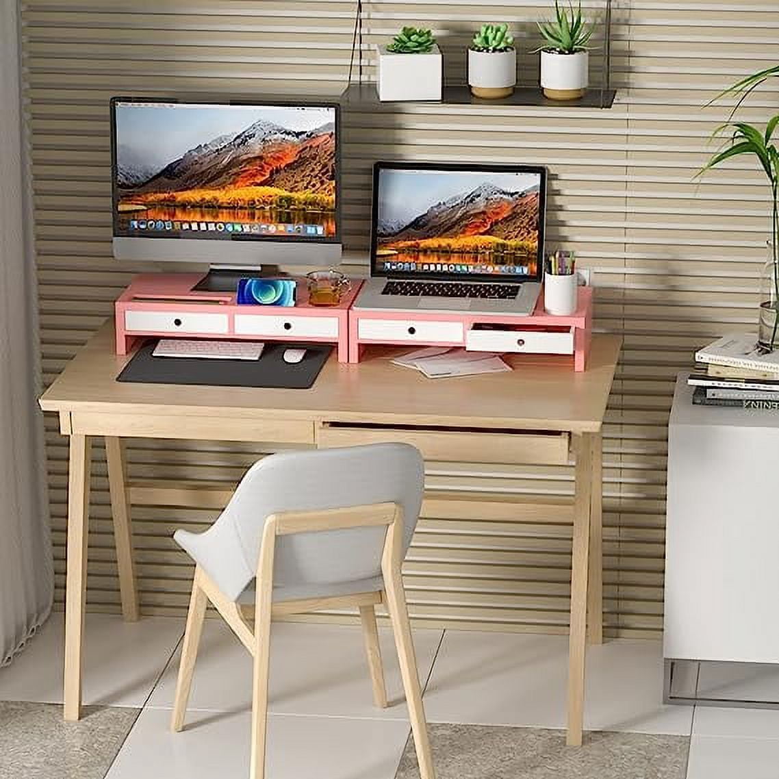 Bambloom Monitor Stand Riser and Computer Wood Desk Organizer with Drawer and Pen Holder for Laptop, Computer, iMac, 20.5Inch,Pink & White