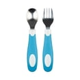 thumbnail image 2 of Juego de cuchara y tenedor Dr. Brown's Diseñado para nutrir agarre suave azul y blanco, 2 of 3