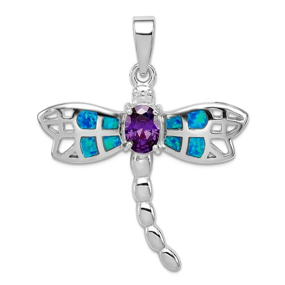 925 Sterling Silver Solid Polished Blue Inlay Simulated Opal Dragonfly Oval Amethyst Pendant Necklace 36x30mm Wide Penda
