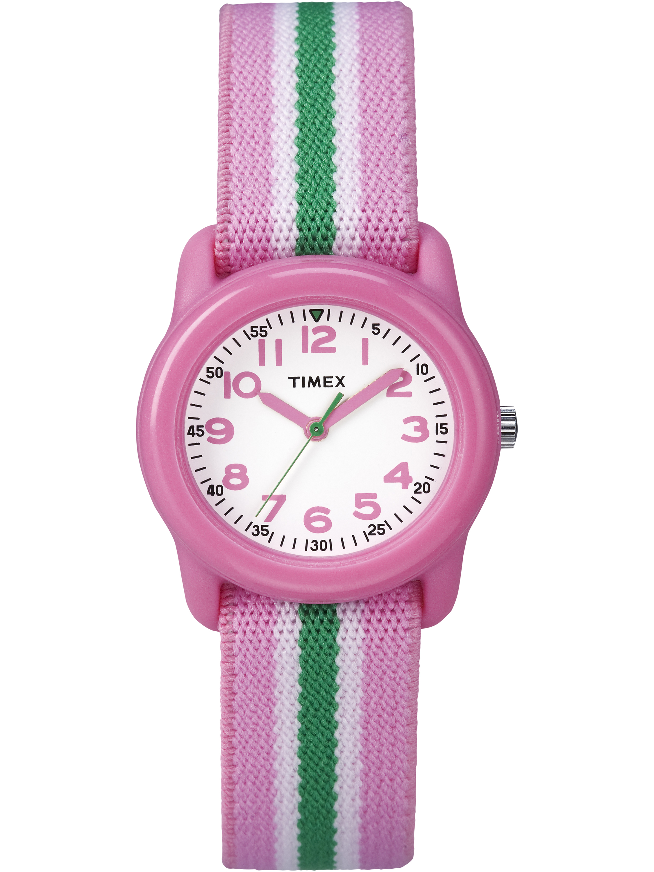 Girls Time Machines Pink/Green Stripe Watch, Elastic Fabric Strap