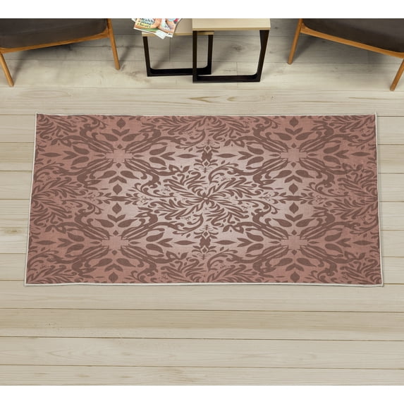 Oriental Decorative Rug, Mandala Inspired Curly Flowers and Leaves Details Frame Illustration, Quality Carpet for Bedroom Dorm and Living Room, 6 Sizes, Pale Rust, by Ambesonne