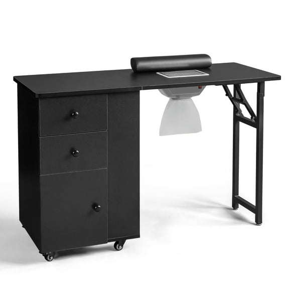 Zimtown Foldable Nail Table w/Dust Collector, Lockable Wheels, 2 Drawers, Black