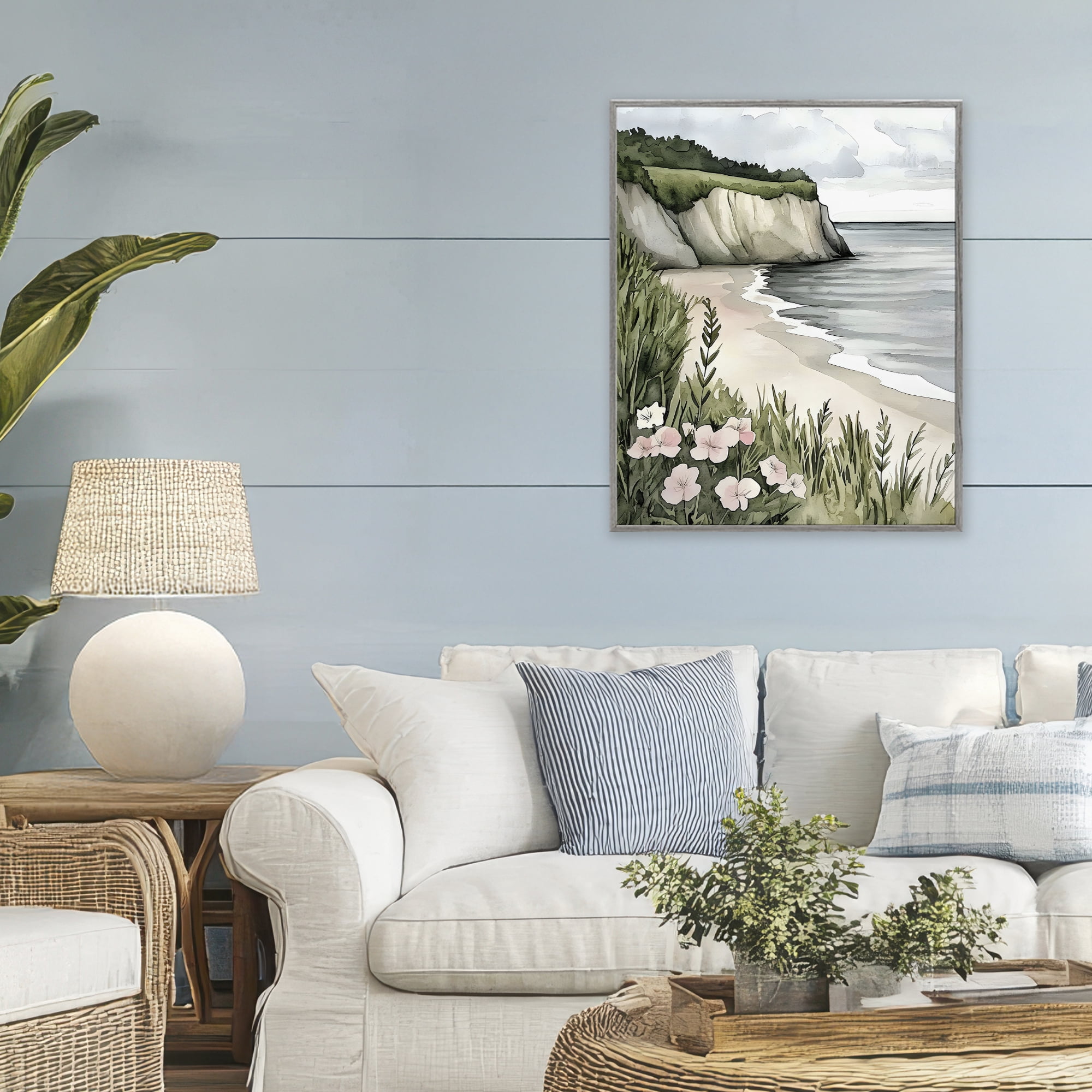 Stupell Industries Coastal Calm with Floral Blooms Gray Framed Giclee Art, design by Riley B