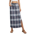 thumbnail image 2 of Plaid Print Maxi Skirt for Women, Drawstring Elastic Waist Long Skirt with Pockets, Casual Side Slit A-Line Slacks, Checkered Bottoms, 2 of 6