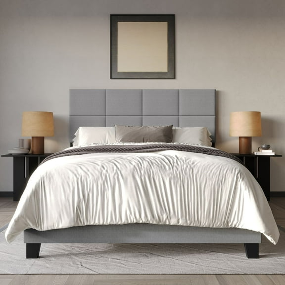 Home Design Lufkin Twin Upholstered Panel Bed Frame with Checkered Tufted Headboard & Foam-Filled Comfort, Gray, Easy Assembly