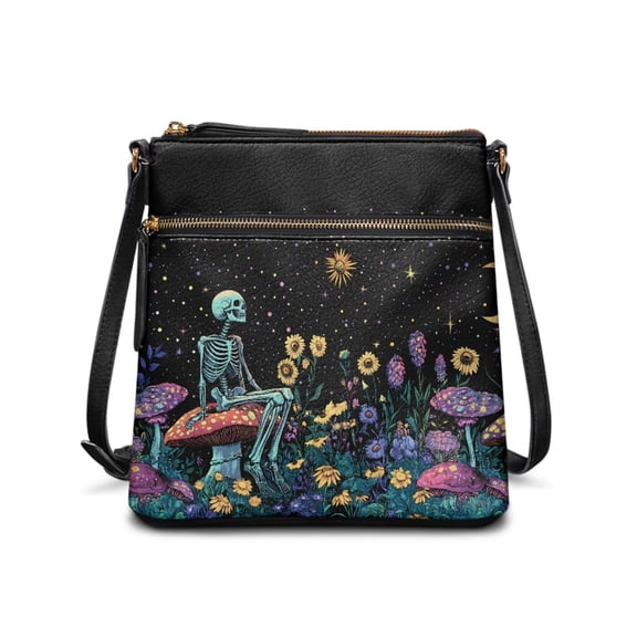 ZUXONGSY Skull Mushroom Daisy Flower Star Print PU Crossbody Bags for Women Casual Shoulder Handbags Purses Fashion Messenger Bag Travel Bag with Zipper Pocket for Dating Working