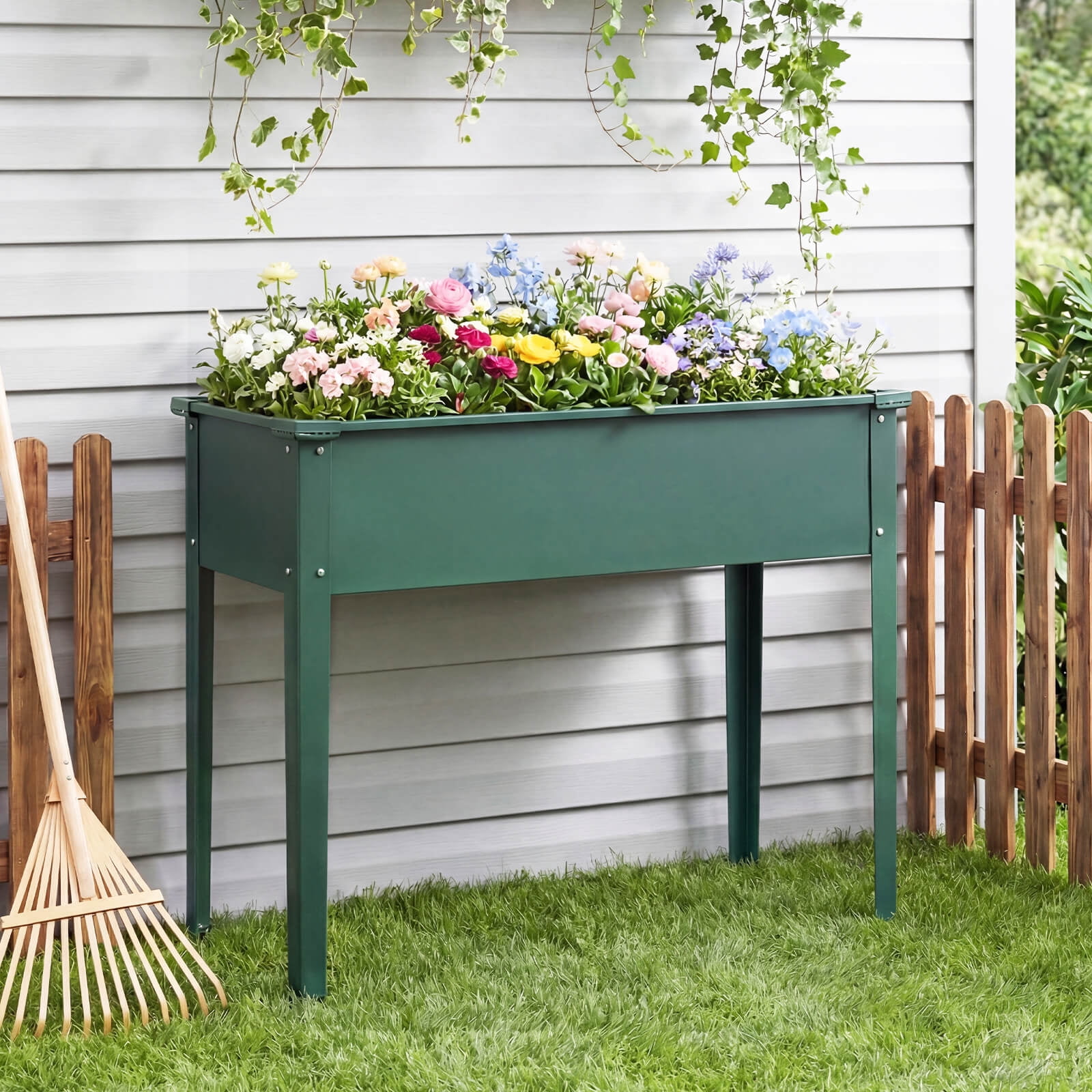 Costway 2 PCS Raised Garden Bed, Elevated Metal Planter Box with Legs and Drainage Holes Green