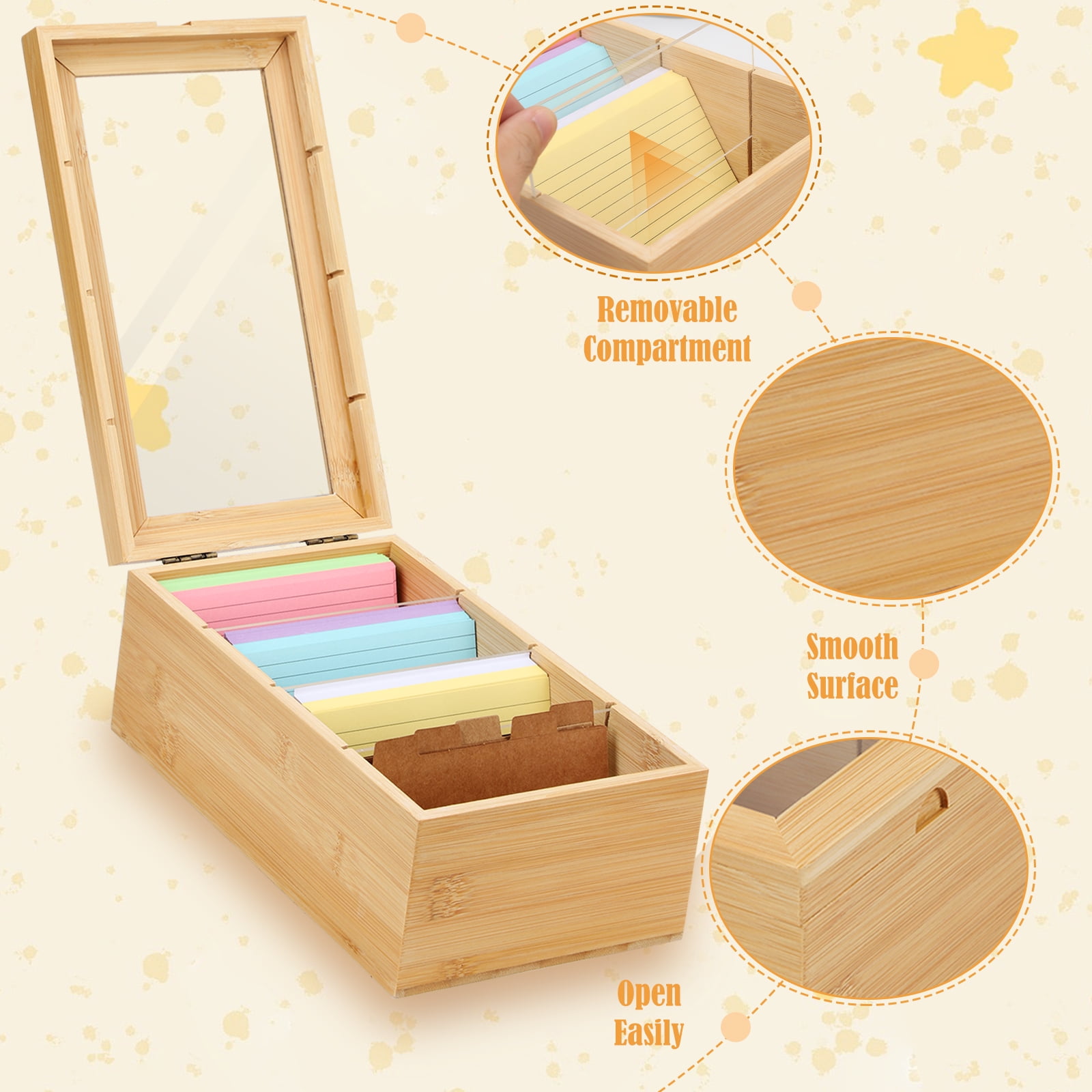 Bamboo Index Card Organizer - 3x5 Index Card Holder Box With Dividers - Wood Recipe Box With Lid - 4 Compartments For 1200 Cards - 5.9"W x 9.84"D x 3.97"H