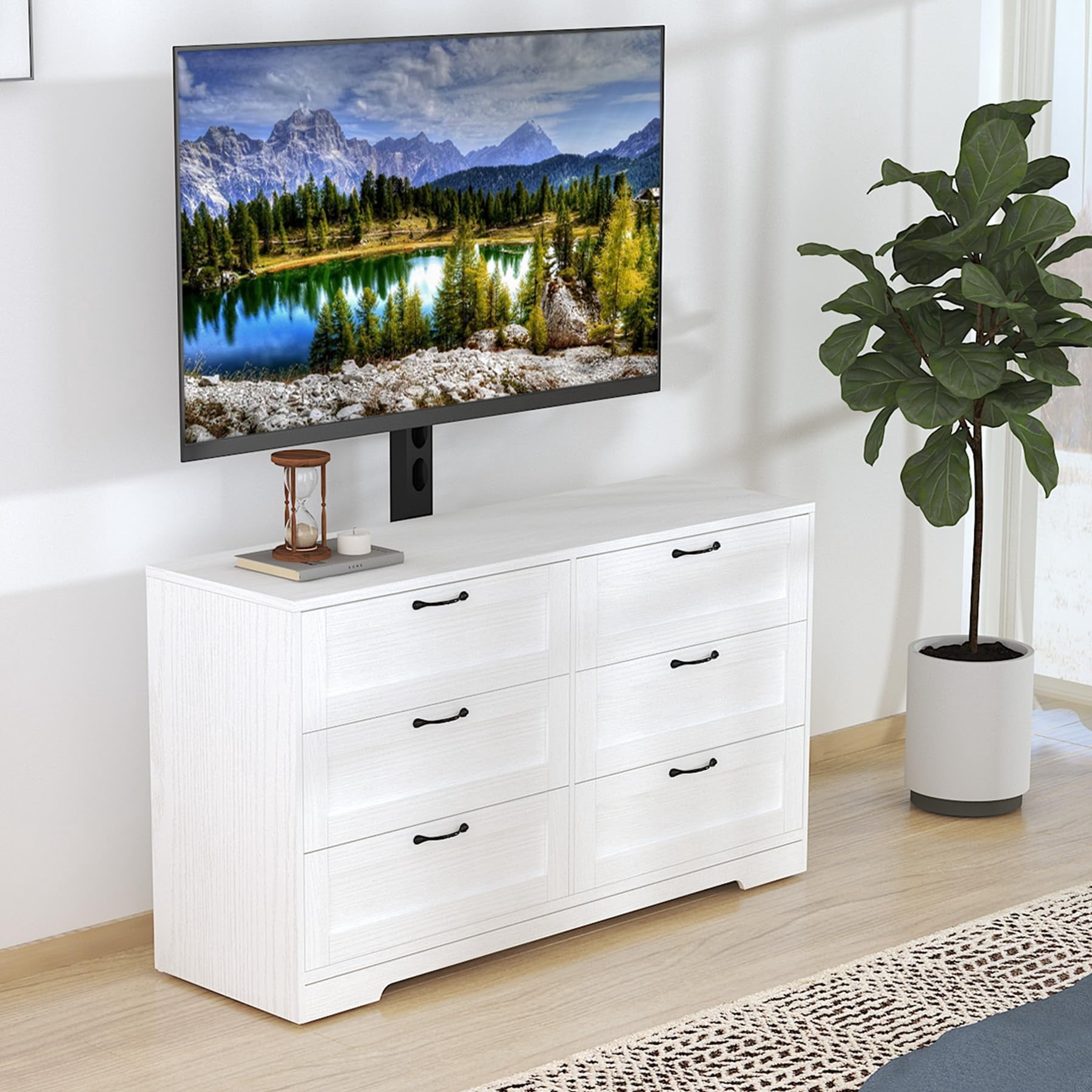 Garvee TV Stand with Mount and 6 Drawers Storage for 32/45/55/65/75/80 Inch TVs, White Entertainment Center for Bedroom, Living Room, Wood Media Console Tables,  TV Stand w/ Height Adjustable Mount