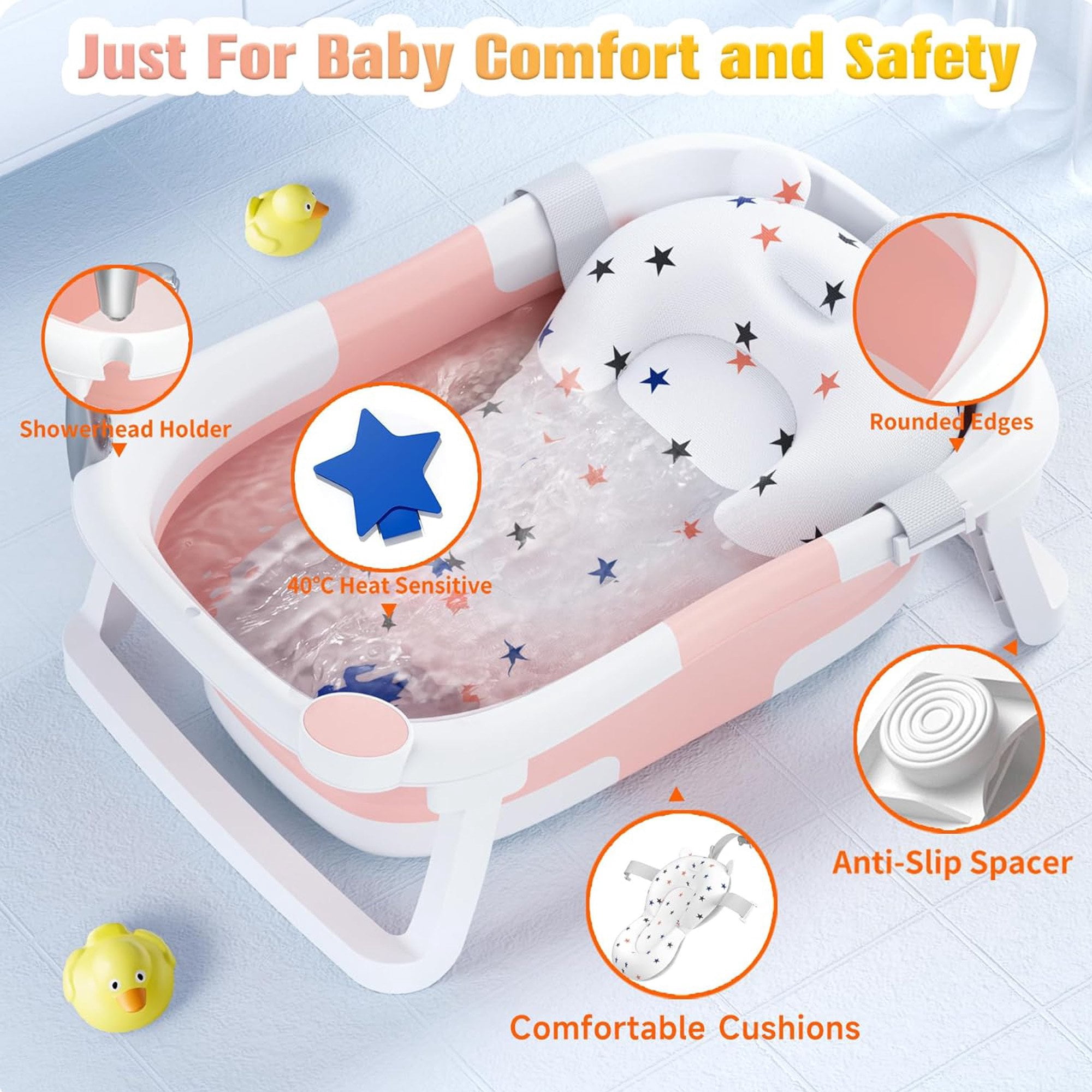 Morfone Baby Bathtub,Collapsible Bathtub for Newborn to Toddler,Durable Essential Infant Bath Tub, Pink