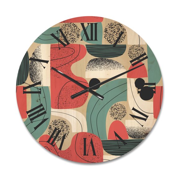 Designart 'Retro Shapes With Abstract Moons and Suns III' Modern Wood Wall Clock