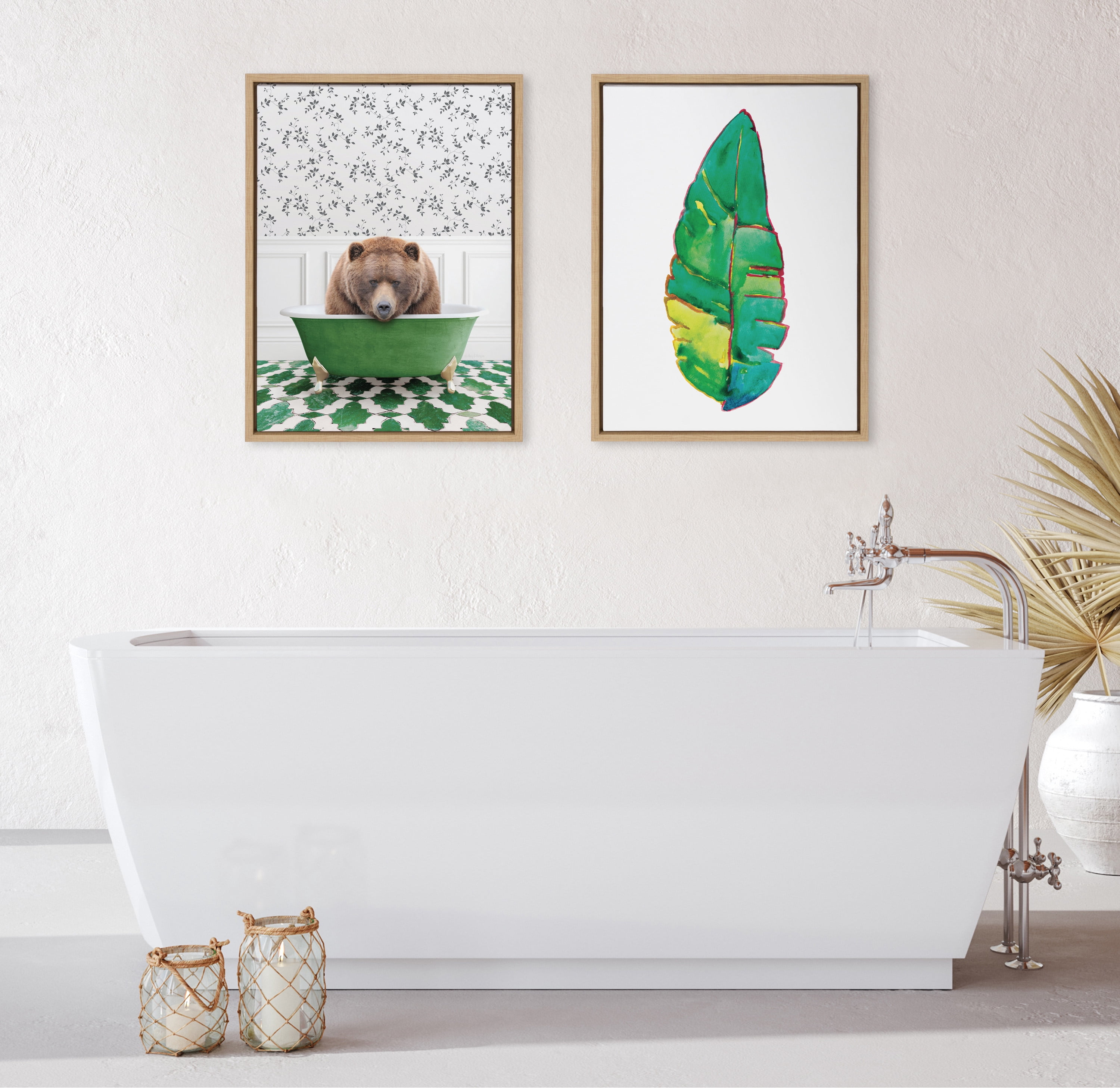 Kate and Laurel Sylvie Big Bear In Eclectic Green Bath Framed Canvas Wall Art by Amy Peterson Art Studio, 18x24 Natural, Whimsical Animal Art for Wall