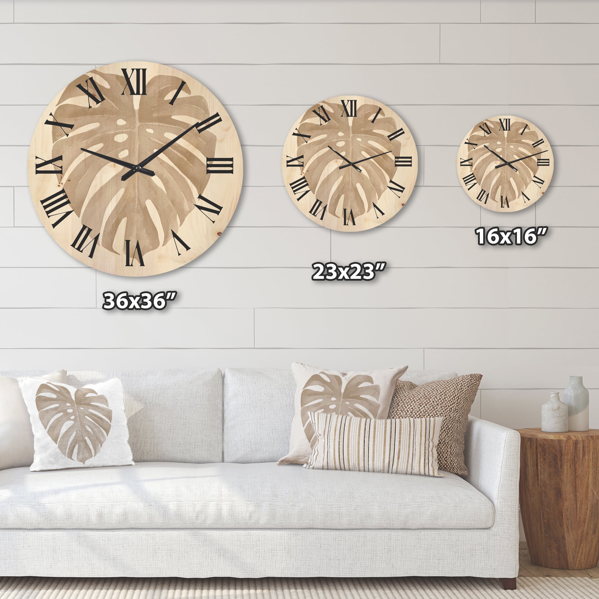 Designart 'Beige Ivory Pastel Monstera Heart Shaped Tropical Leaf' Traditional Wood Wall Clock