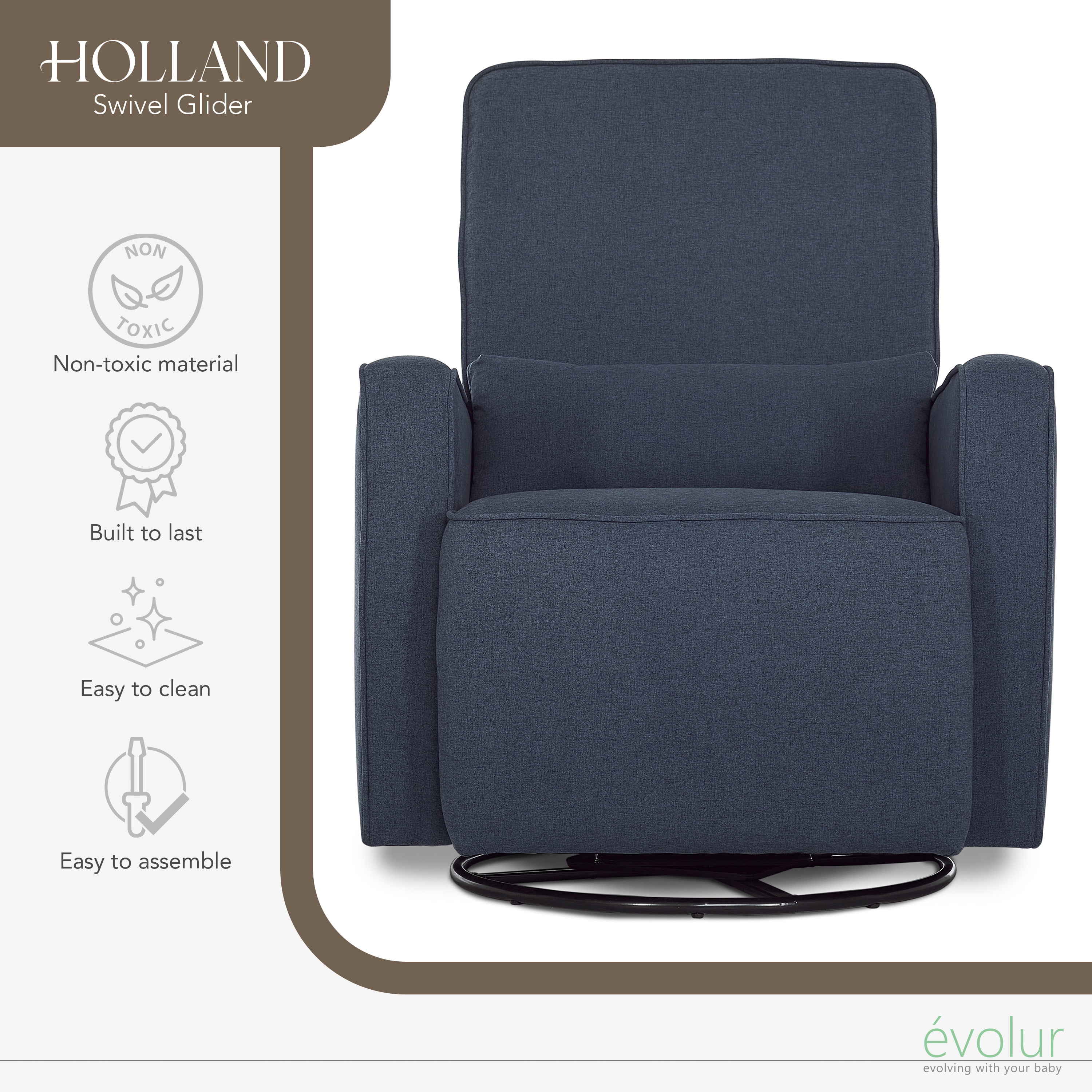 Evolur Holland Upholstered Swivel Glider | Rocker I Included Lumbar Pillow I Modern Design, Navy Blue