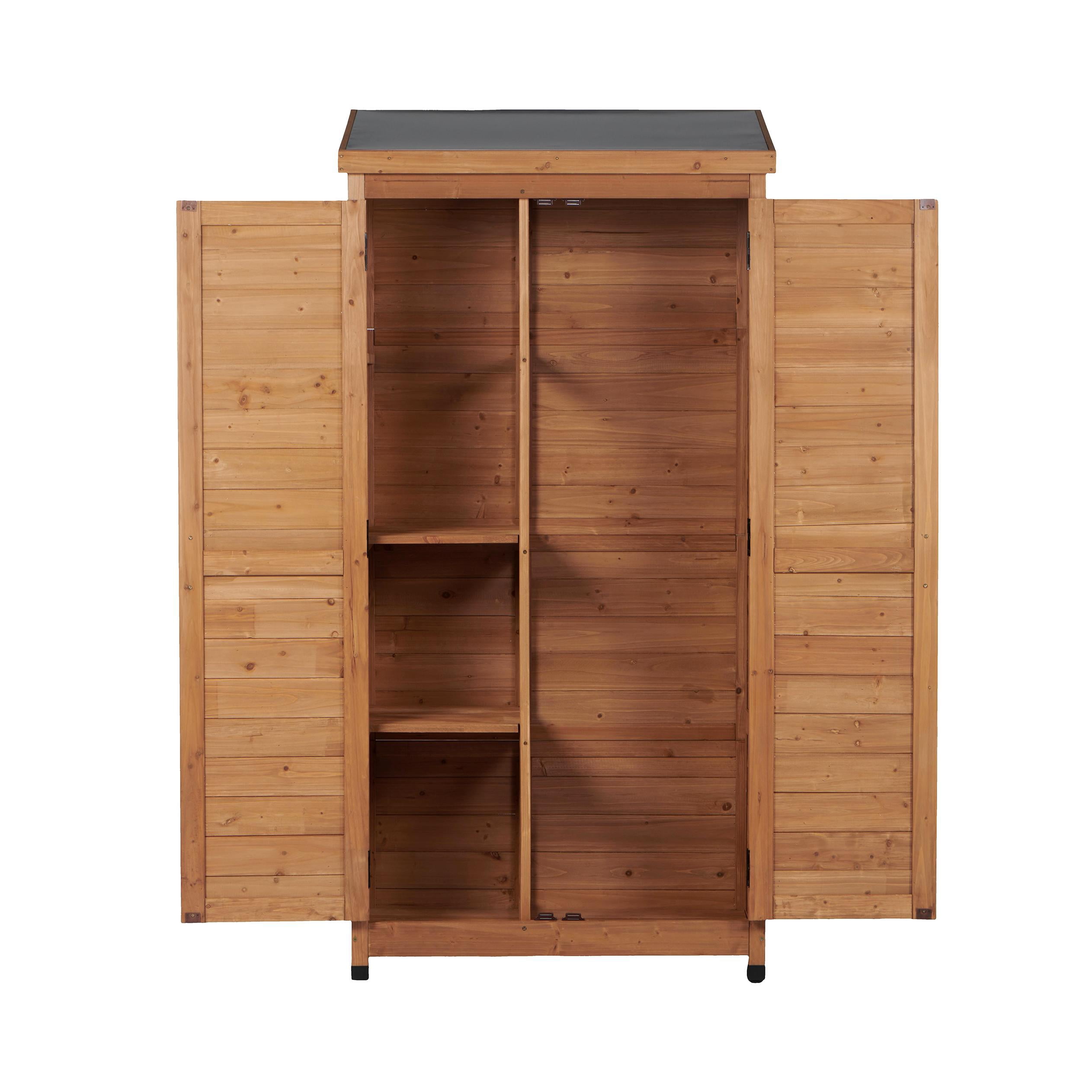 Outdoor Wooden Storage Shed with Metal Top and Double Doors, Tall Vertical Tool Cabinet and Garden Organizer, Gold