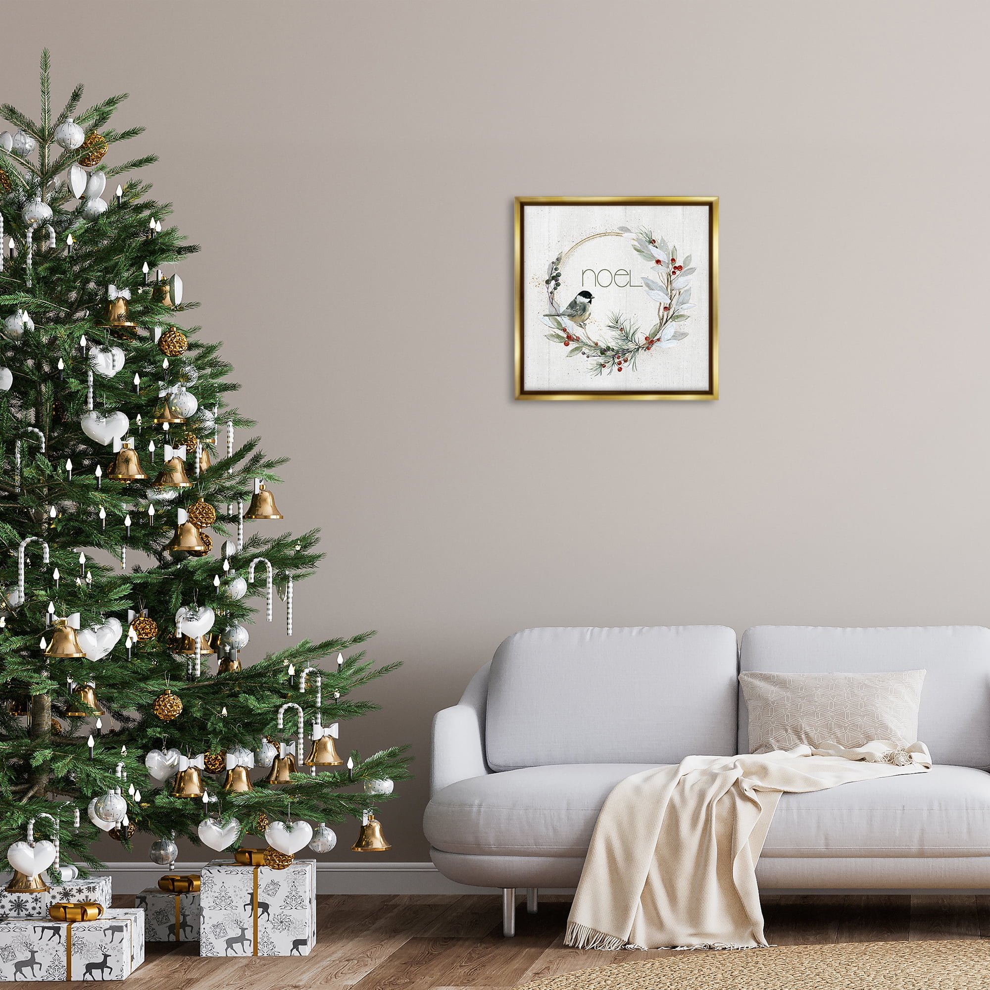 Stupell Industries Simple Noel Wreath Holiday Painting Gold Floater Framed Canvas Art Prints Wall Art, 25 x 25