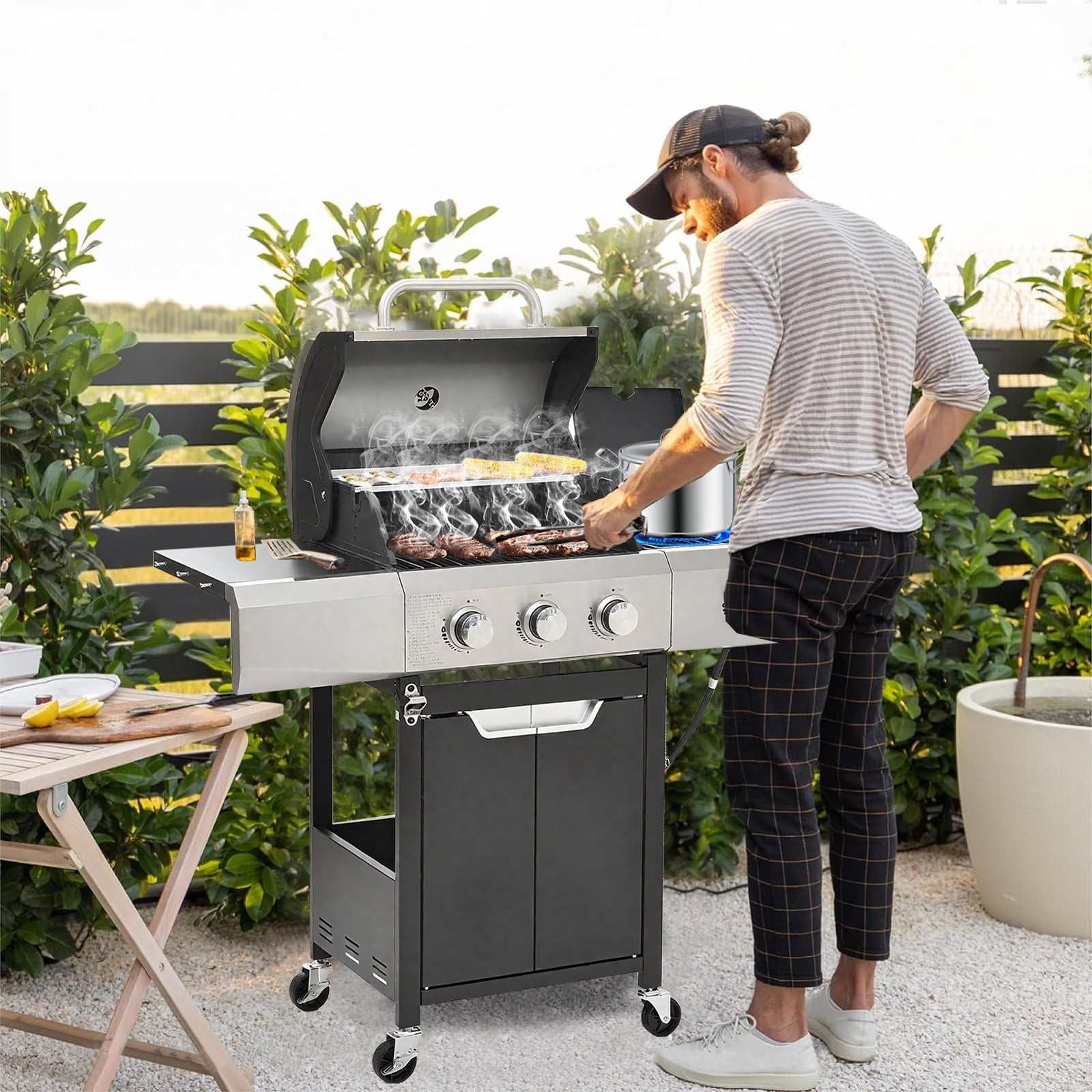 3 Burner Propane gas grill with side burner, Stainless Steel 40,500BTU Barbecue BBQ grills outdoor cooking for Backyard , Cast Iron Grates