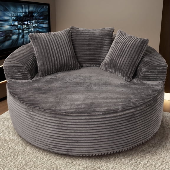 XIZZI Plush Round Sofa for Living Room, Soft Polyester Fabric with Spring & Sponge, Cozy Living Room Furniture 58.26" Circular Cozy Chair in Gray