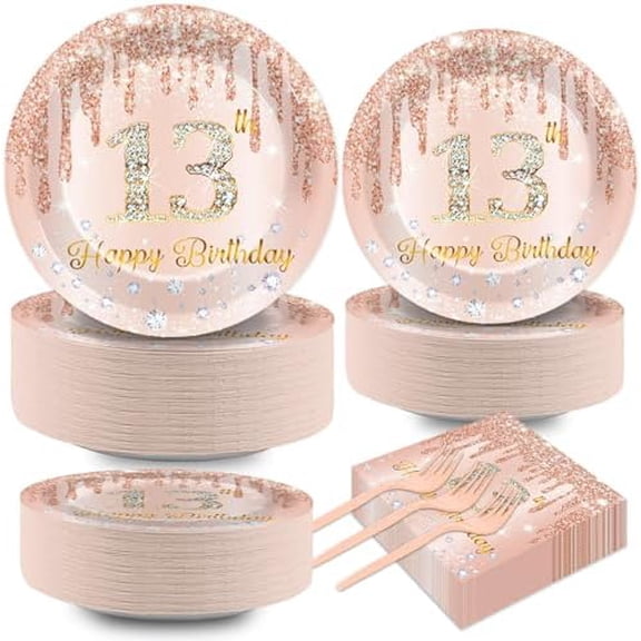 200 PCS Rose Gold 13th Birthday Party Plates Napkins Pink 13th Tableware Set for Happy 13 Years Old Birthday Decorations Dessert Plates Forks Serve 50 Guests for Girls 13 Years Old Party Supplies