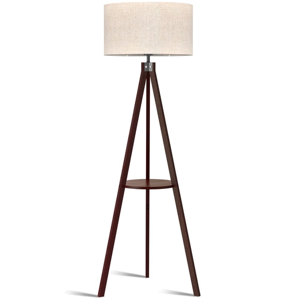 Lámpara de pie LEPOWER con trípode de madera y repisa, pantalla color lino