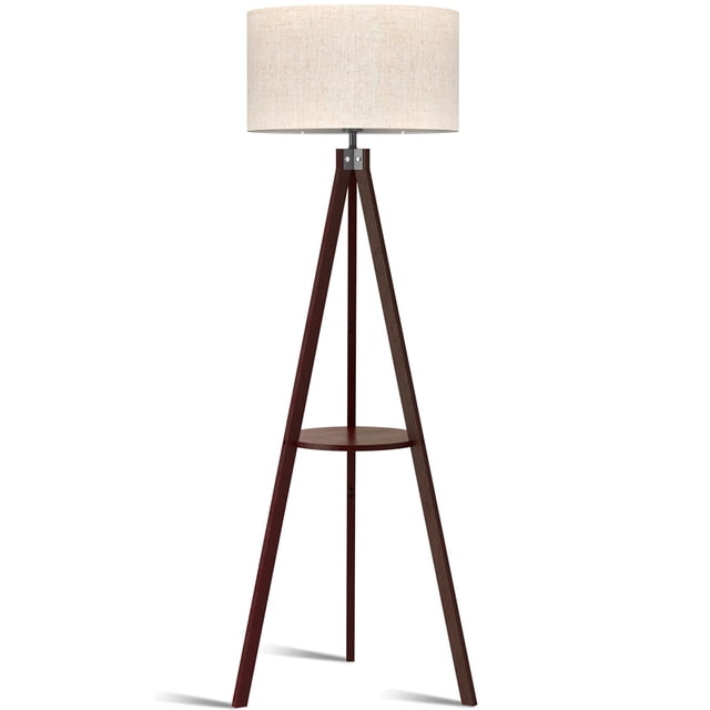 Lámpara de pie LEPOWER con trípode de madera y repisa, pantalla color lino