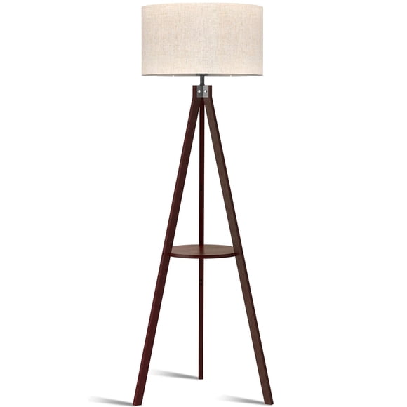Lámpara de pie LEPOWER con trípode de madera y repisa, pantalla color lino